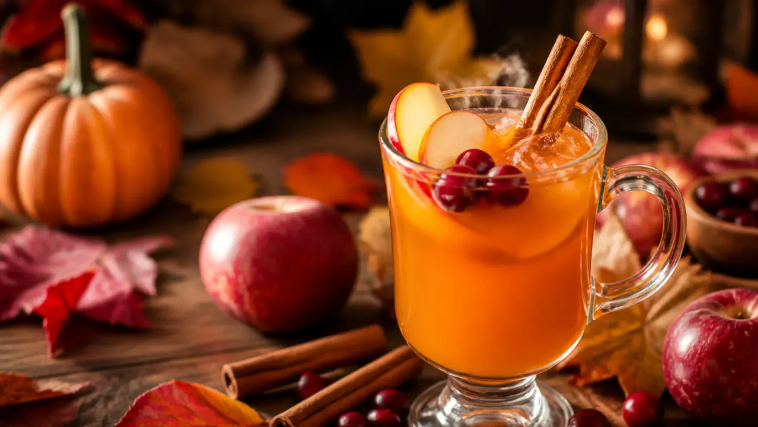 A wooden table set with a glass punch bowl of spiced cranberry apple punch, orange slices, cinnamon sticks and glasses filled with ice for Thanksgiving.