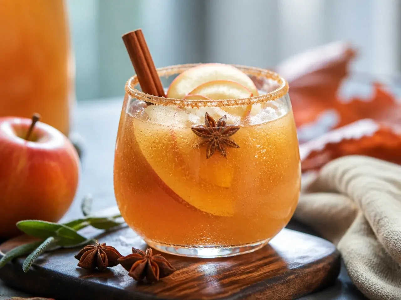 Overhead shot of several Thanksgiving drinks in different glasses, including a mug of mulled cider and a glass of cranberry punch.