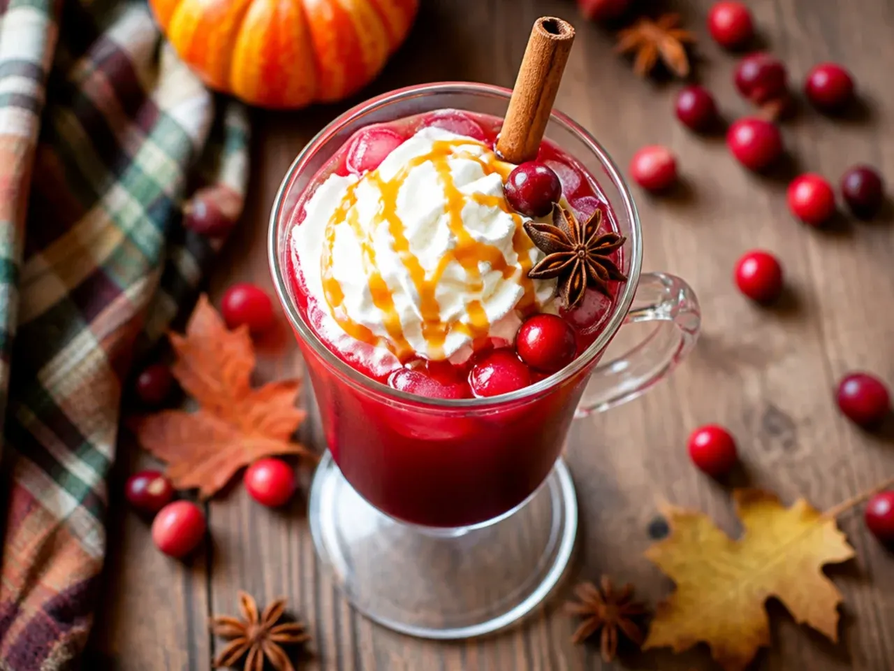 Tall glass of iced spiced cranberry tea with ice cubes and floating cranberries, garnished with a cinnamon stick.