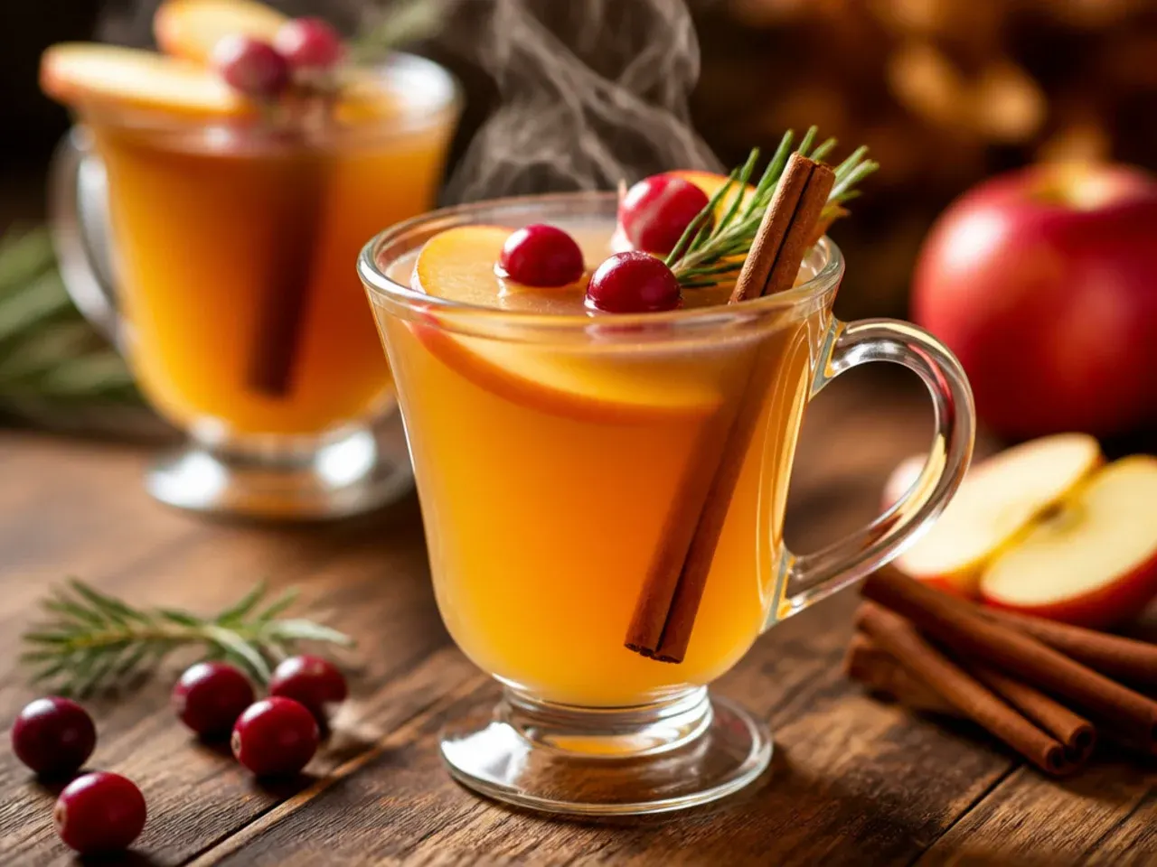 Pot of mulled apple cider simmering with cinnamon sticks, cloves and orange slices, steam rising.