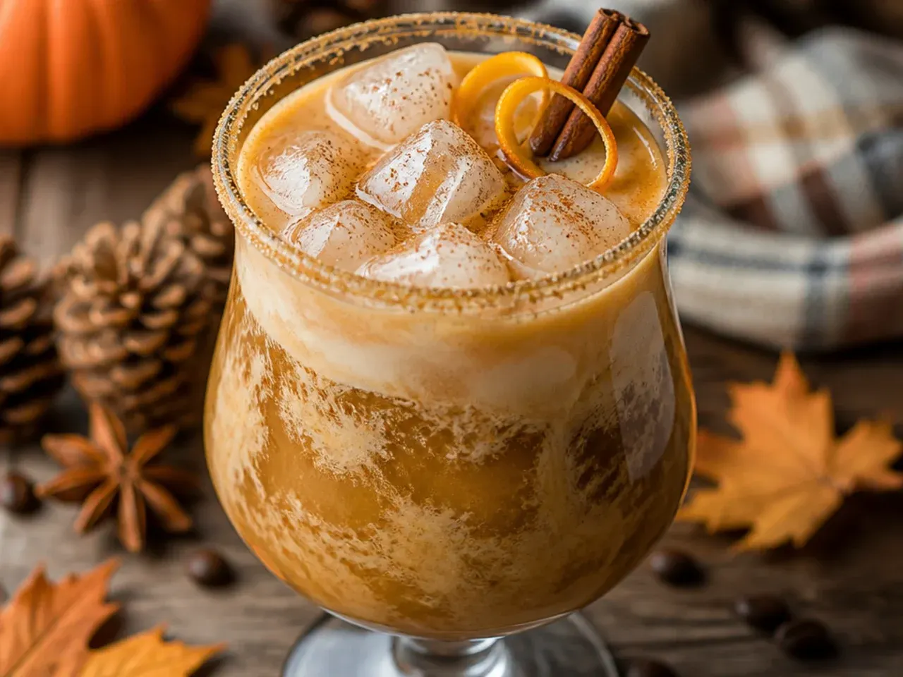 Glass of iced cold brew coffee topped with a swirled layer of pumpkin cream, dusted with cinnamon.
