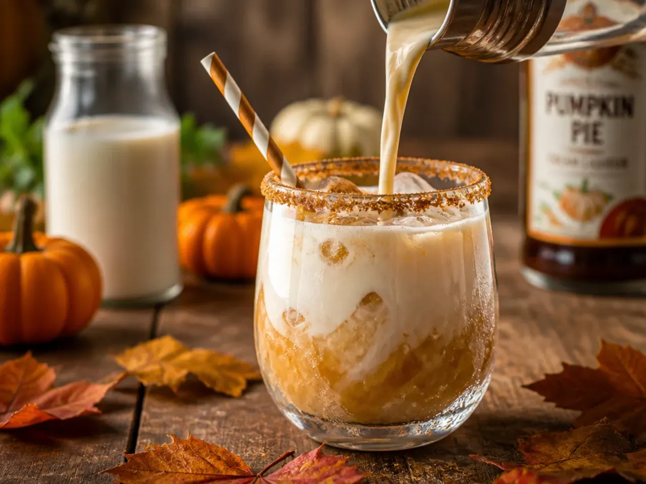 Rocks glass of creamy pumpkin pie white russian with a cream float and a dusting of cinnamon on top.