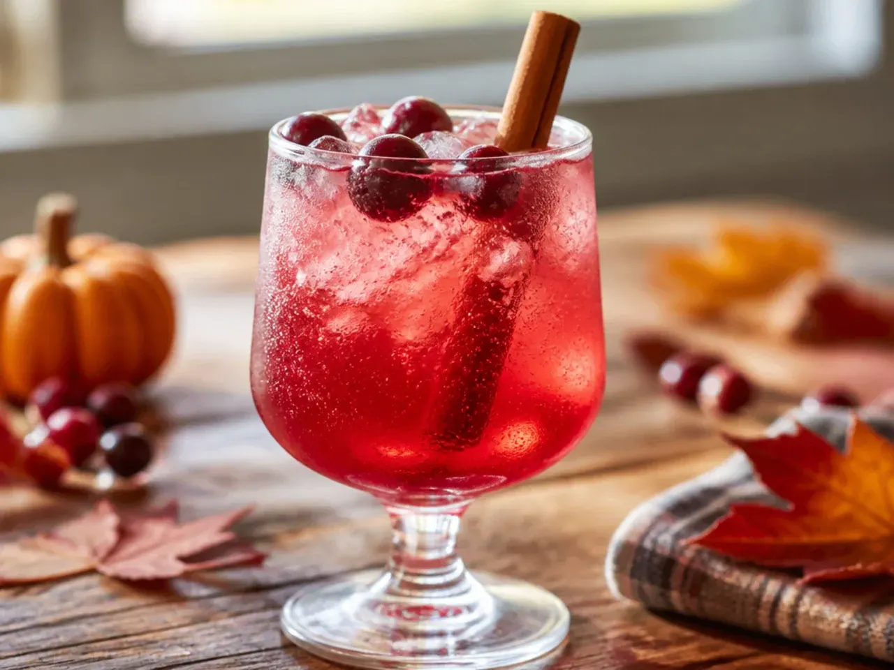Wine glass of cranberry ginger spritz with visible bubbles, garnished with a lime wheel and floating cranberries.