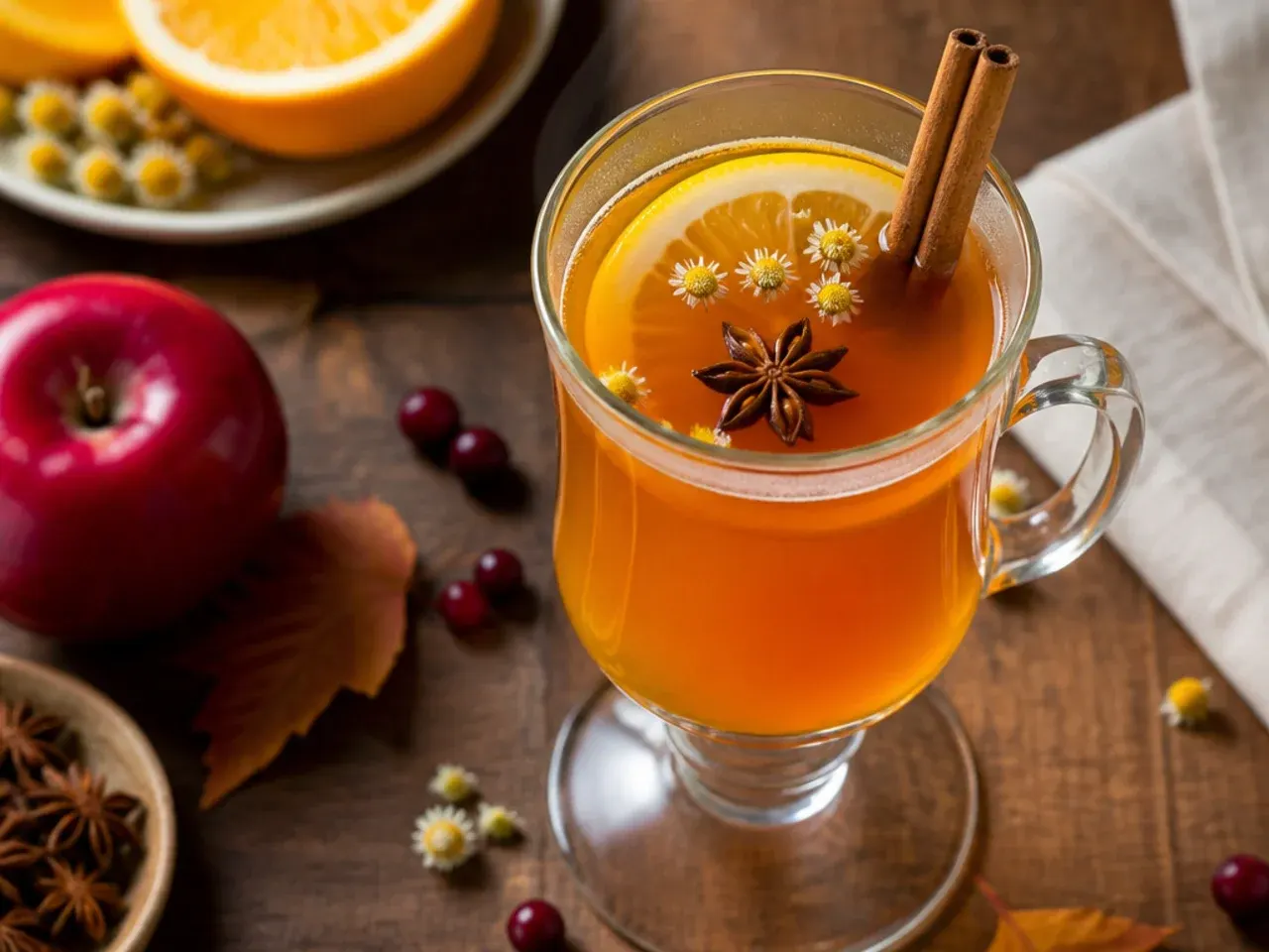Steaming glass mug of bourbon hot toddy with a lemon wheel and cinnamon stick, wisps of steam visible.