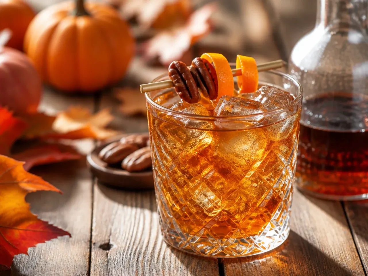 Rocks glass of maple pecan old fashioned with a large ice cube, orange peel twist and a pecan half.