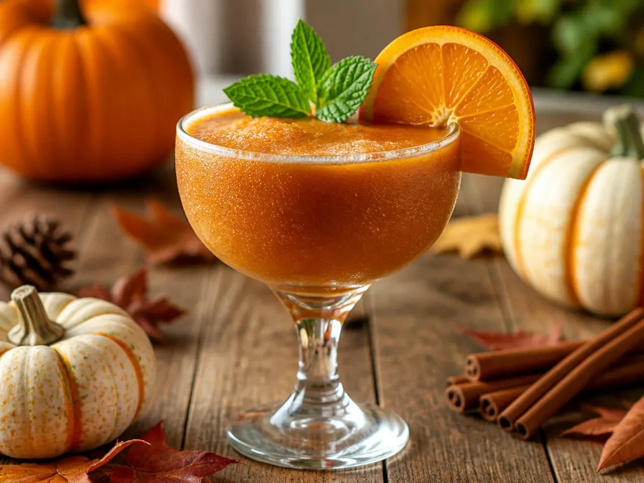 Frozen spiced pumpkin daiquiri in a coupe glass with a cinnamon-sugar rim, orange in colour and topped with a lime wheel.