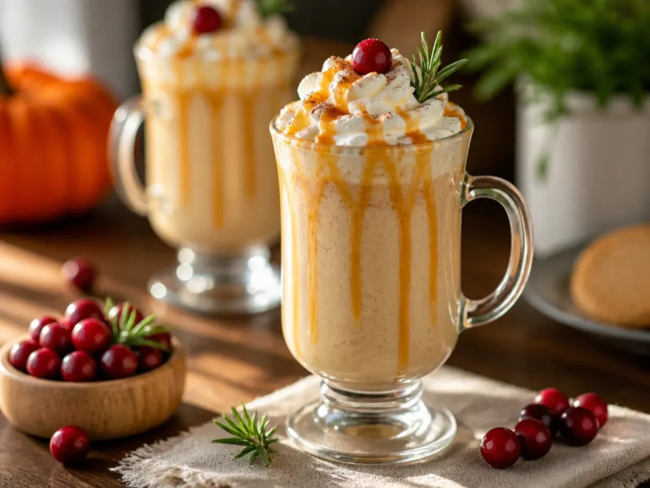 Tall milkshake glass of pumpkin spice milkshake topped with whipped cream and a cinnamon dusting, striped straw.