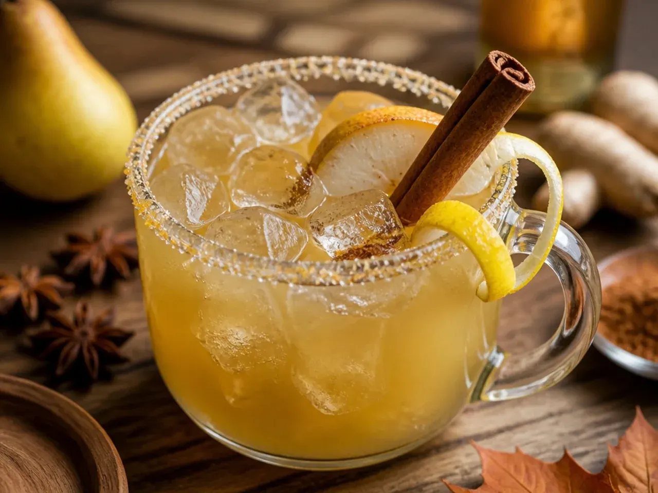Coupe glass of pale golden pear and ginger cocktail garnished with a fanned pear slice.