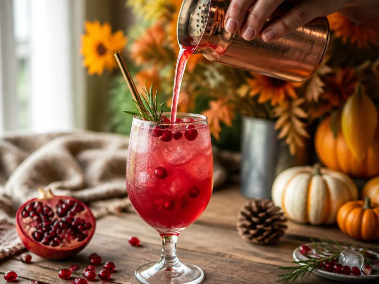 Glass punch bowl of pomegranate prosecco punch with floating pomegranate seeds and mint-and-fruit ice cubes.