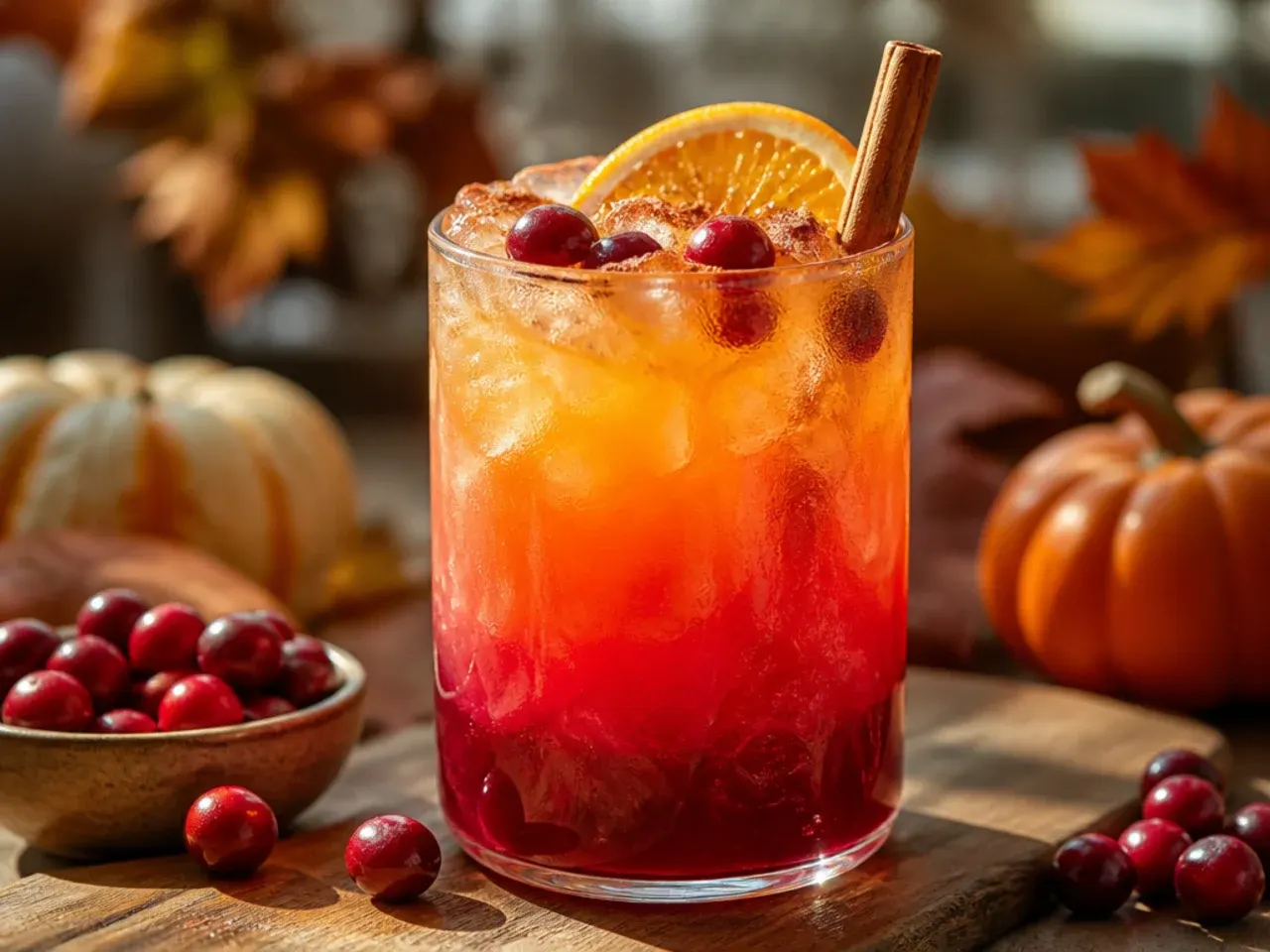 Tall glass mocktail with a distinct orange-to-red gradient layered effect, ice visible, garnished with an orange slice.
