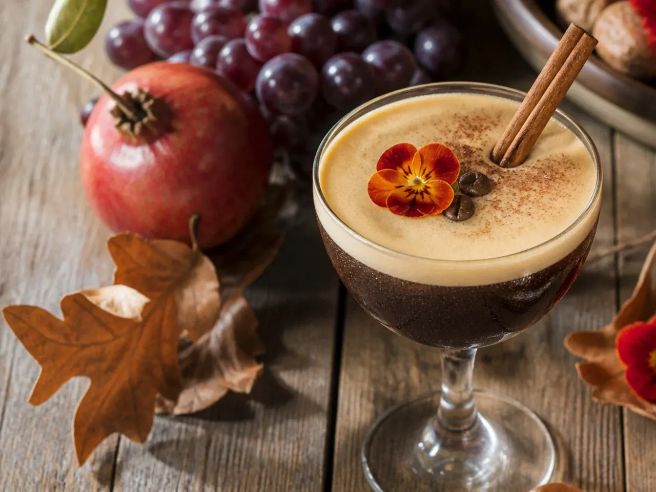 Coupe glass of espresso martini with a thick foam cap, three coffee beans on top and a light dusting of cinnamon.