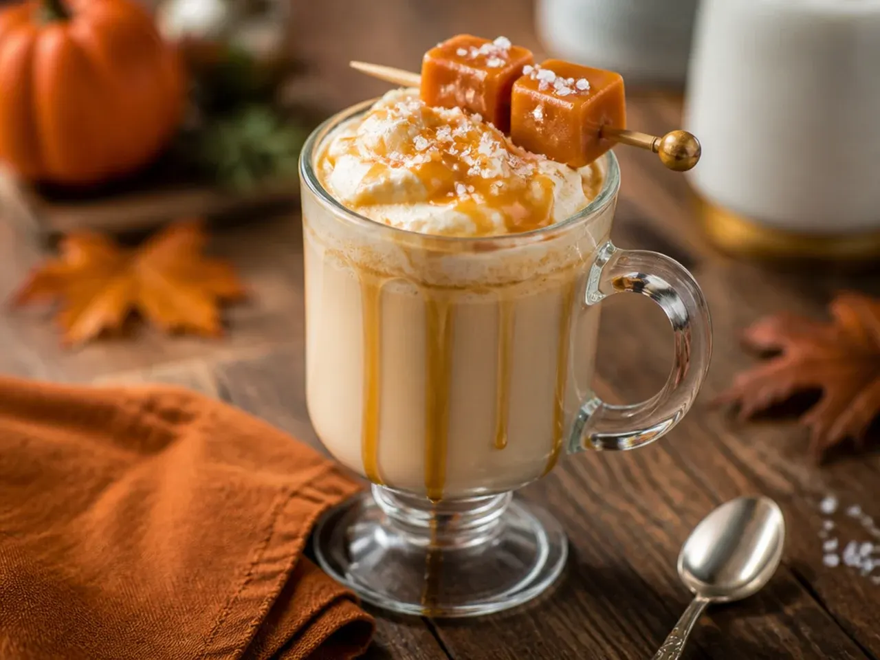 Mug of white hot chocolate topped with whipped cream and a caramel drizzle, flaky salt visible on top.