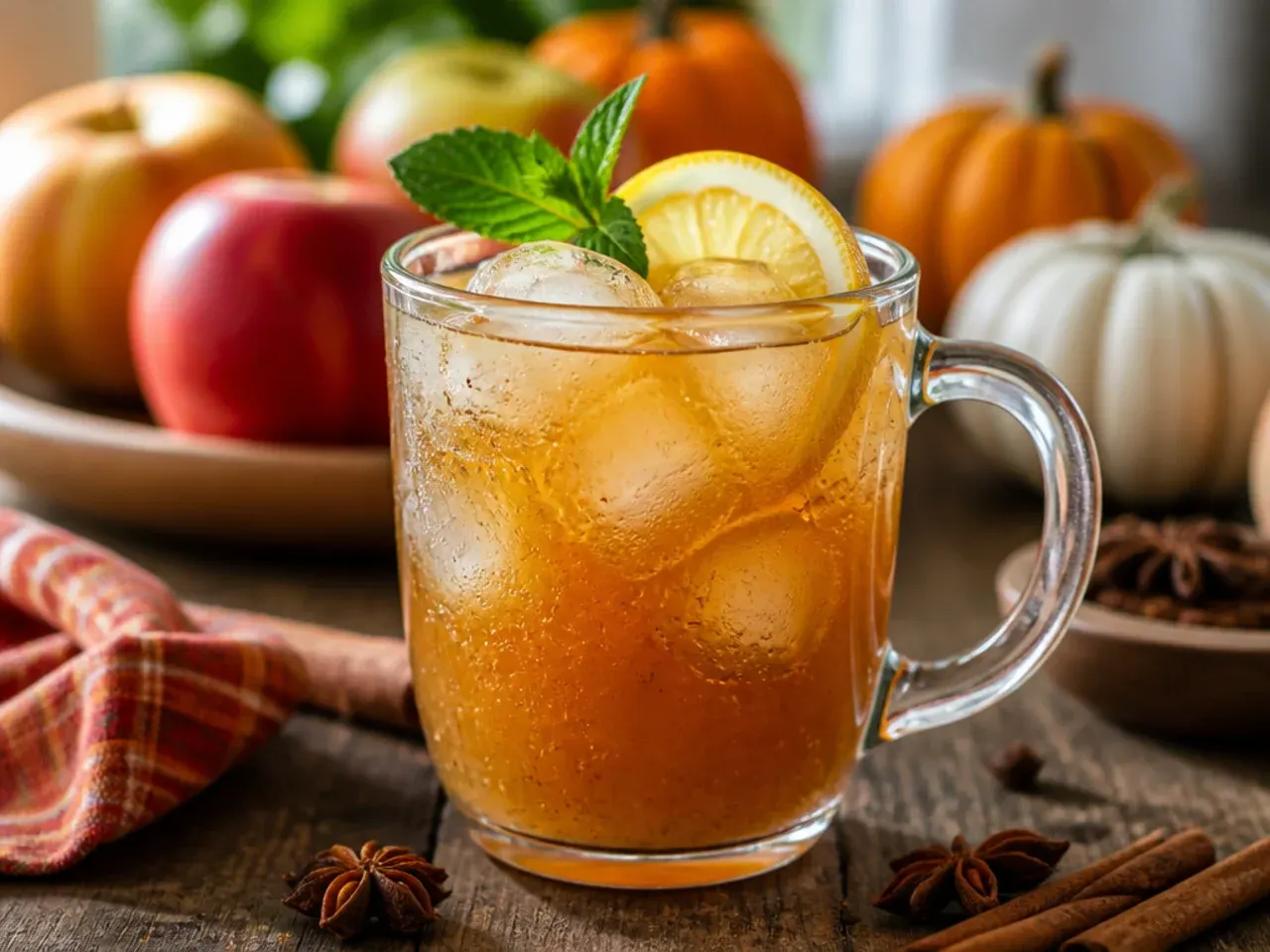 Tall glass of iced chai apple cider over ice, amber-brown in colour, garnished with a cinnamon stick.