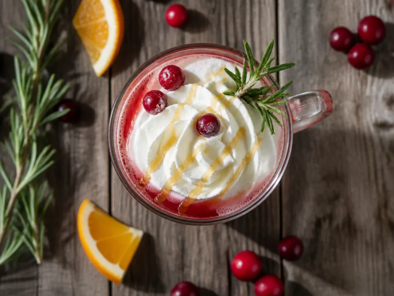 Large punch bowl of pink champagne cranberry punch with a decorative ice ring and floating cranberries and orange slices.