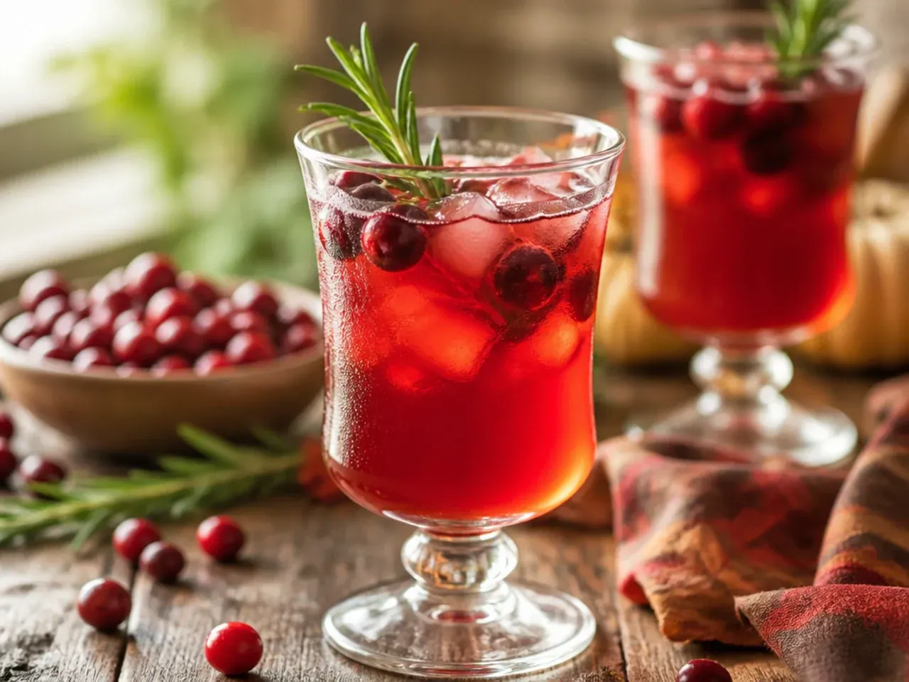 Wine glass of sparkling spiced cranberry mocktail over ice with a cinnamon stick stirrer.