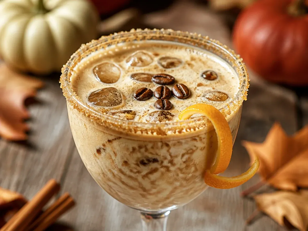 Coupe glass of pale creamy eggnog espresso martini with a light foam and fresh grated nutmeg on top.