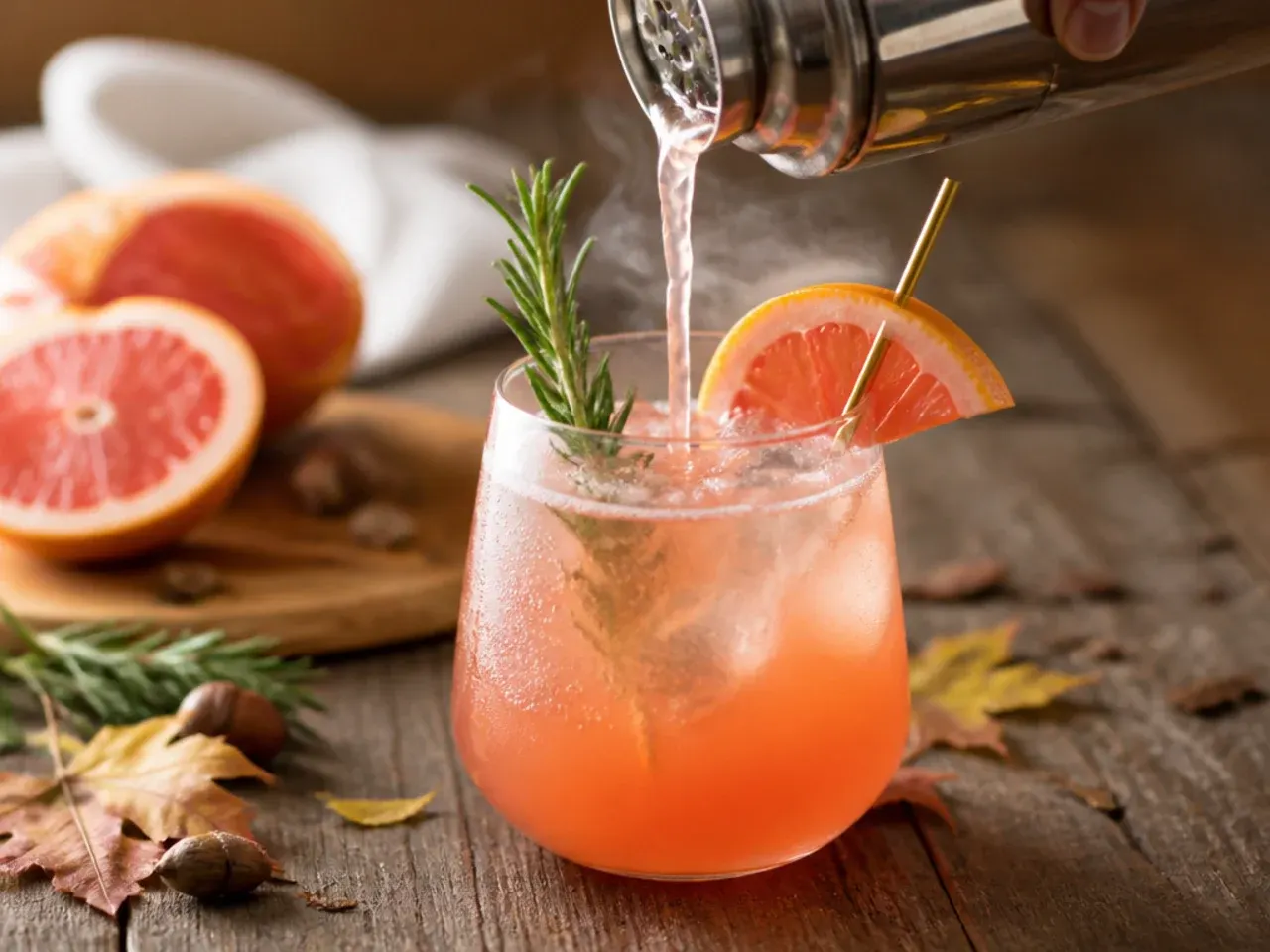 Tall glass of pale pink rosemary grapefruit fizz with ice, a grapefruit wheel and rosemary sprig garnish.