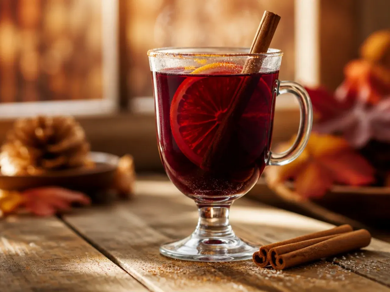 Pot of mulled red wine simmering on the stove with orange slices and cinnamon sticks floating on top.