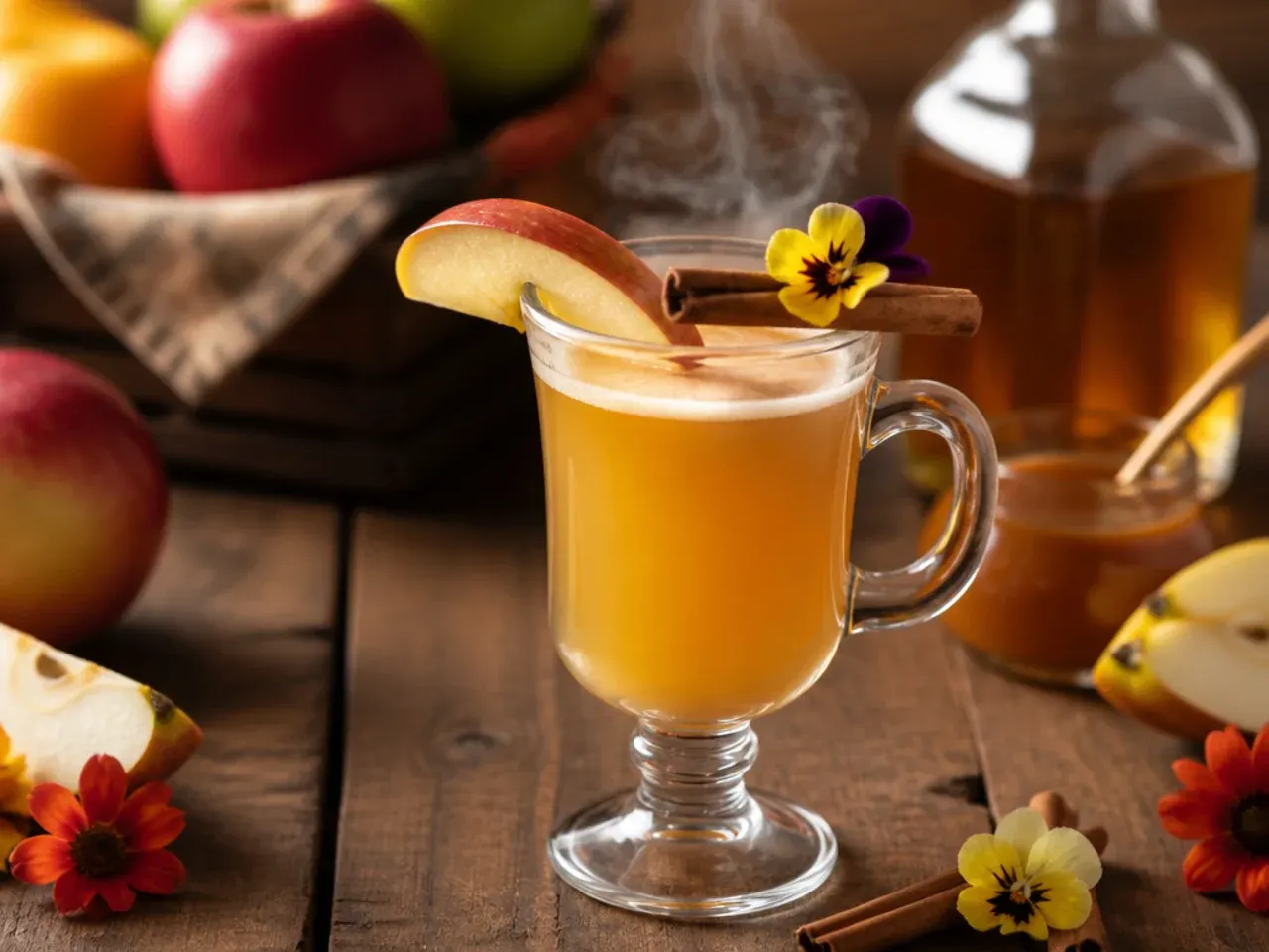 Mug of hot buttered rum with a thin sheen of melted butter on top and a cinnamon stick stirrer.