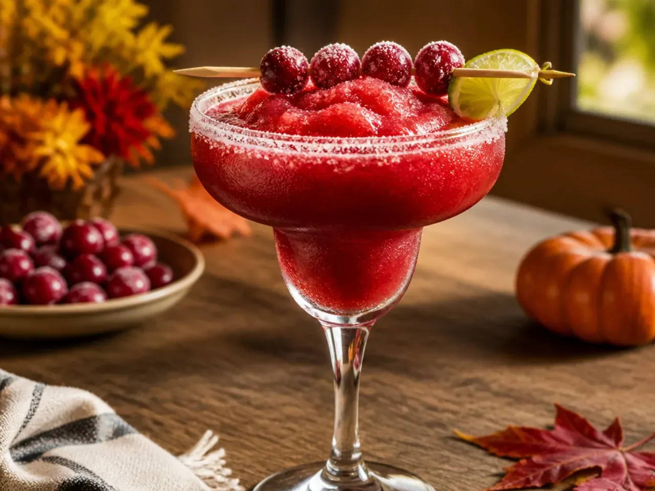 Frozen cranberry margarita in a salt-and-sugar rimmed glass, deep pink-red in colour, garnished with a lime wheel.