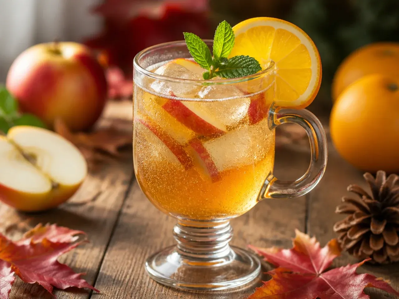 Large glass jug of sparkling apple cider punch with floating apple slices and cinnamon sticks, glasses beside it.