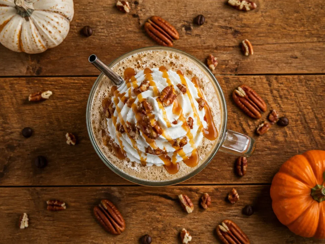 Frappe glass of maple pecan coffee frappe topped with whipped cream and toasted pecan pieces.