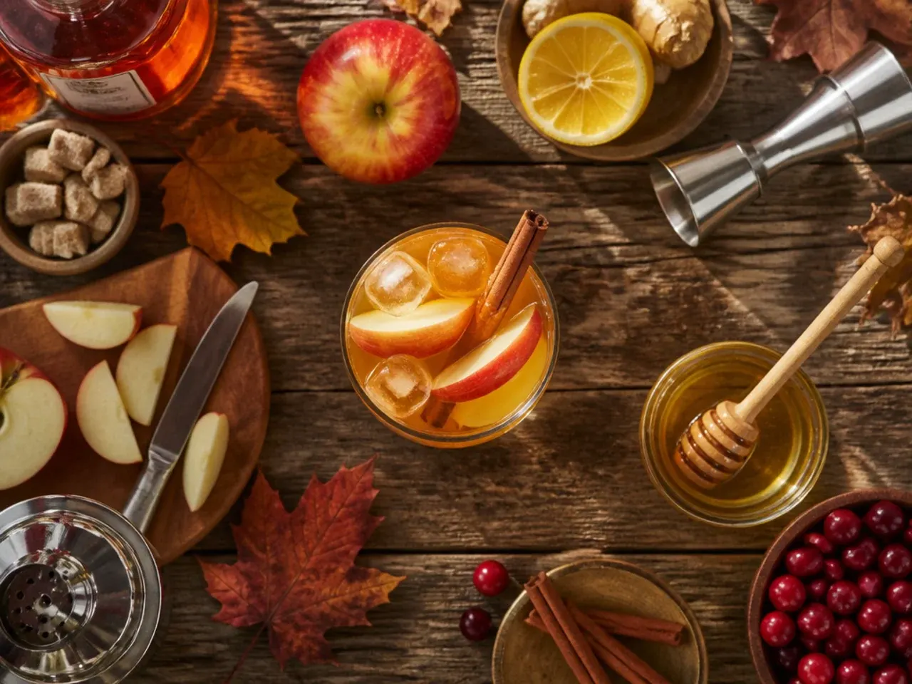 Bartender's hands shaking a cocktail shaker over a counter set up with Thanksgiving drink ingredients.