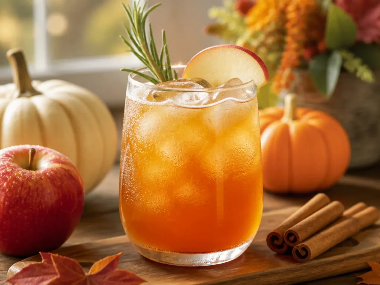 Garnish station on a table with bowls of cranberries, orange slices, cinnamon sticks and rosemary sprigs beside a punch bowl.