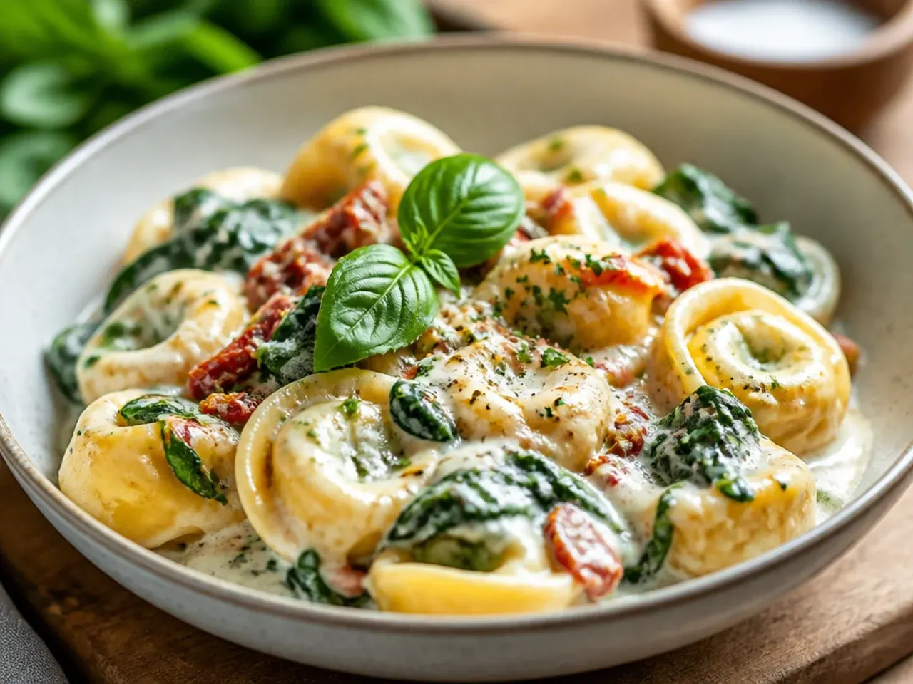 Overhead shot of ingredients for easy tortellini recipes laid out on a kitchen counter, including fresh tortellini, garlic, and cream