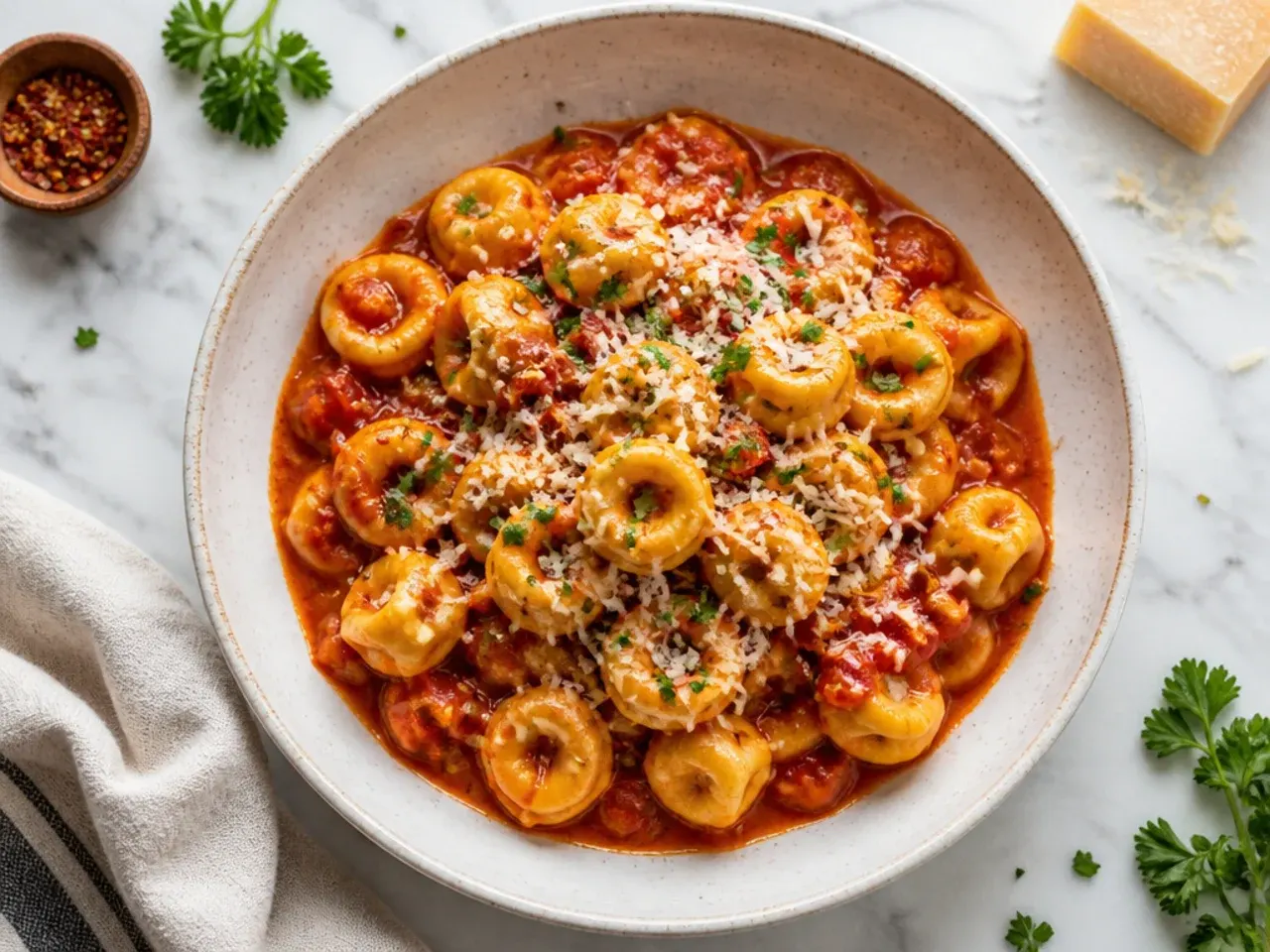 Bowl of classic cheese tortellini tossed in marinara sauce, topped with basil and Parmesan