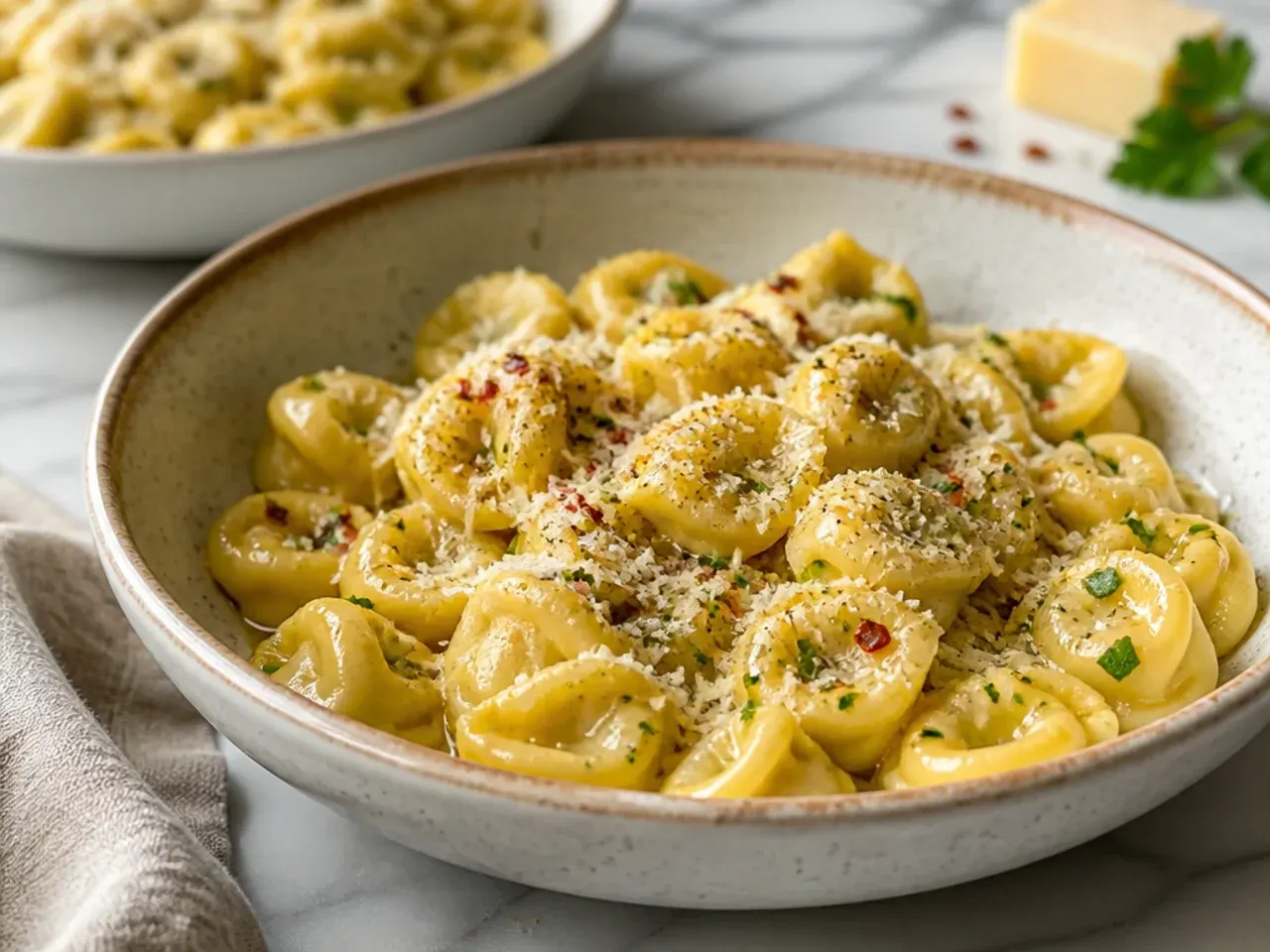 Buttered Parmesan tortellini in a skillet with melted butter and black pepper