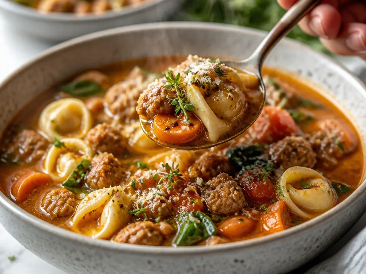 Pot of hearty sausage and tortellini soup with spinach and a ladle resting on the side