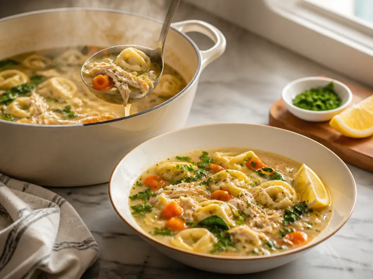 Bowl of cozy chicken tortellini soup with carrots, celery, and fresh herbs