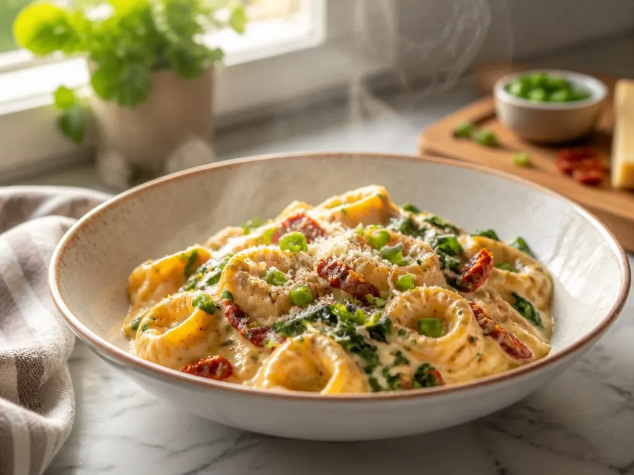 Skillet of creamy Tuscan tortellini with sun-dried tomatoes and wilted spinach