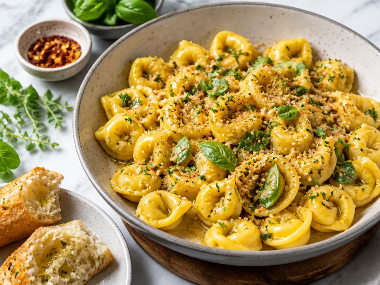 Garlic butter tortellini skillet with lemon wedges and fresh parsley