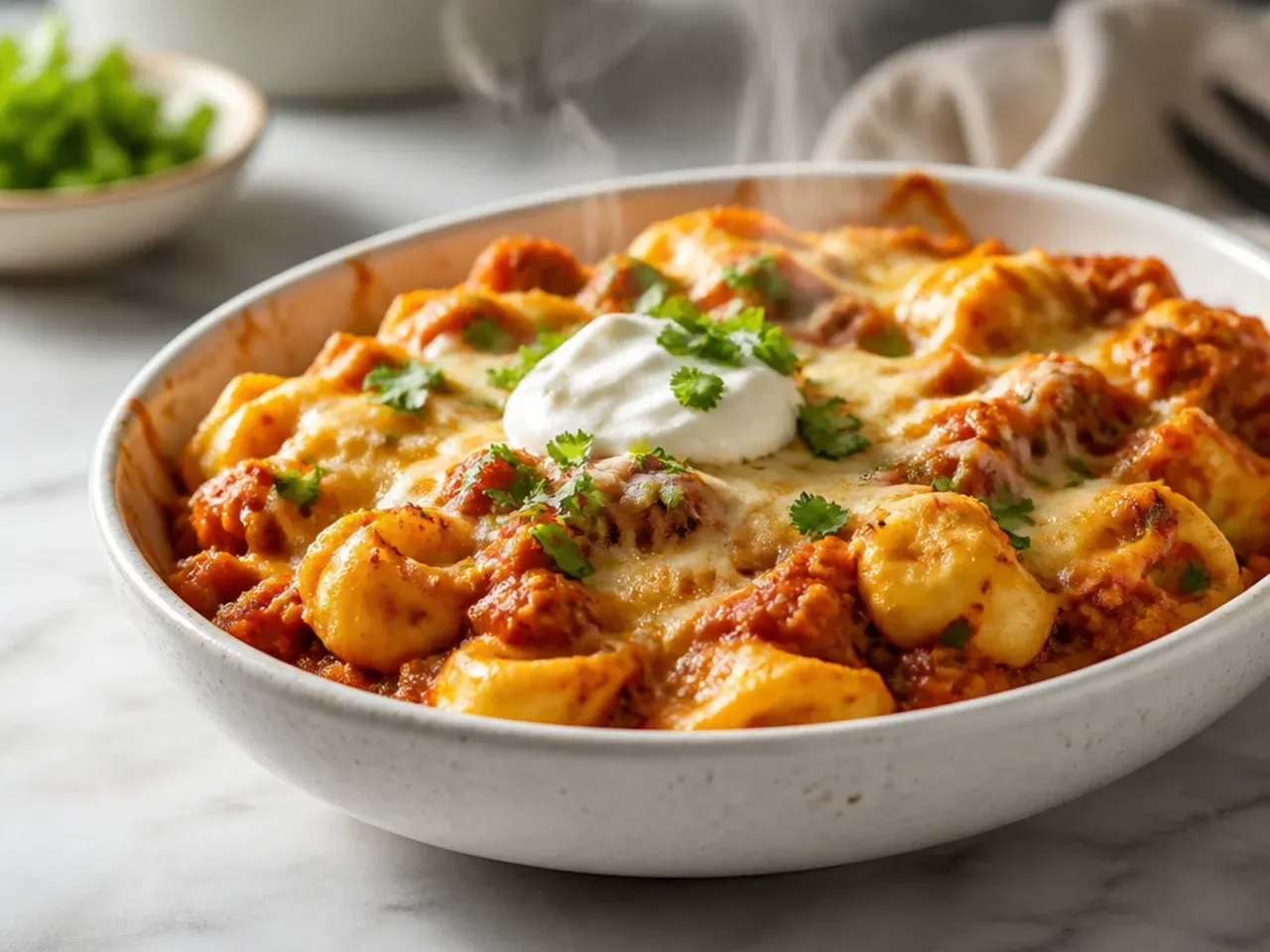 Golden bubbling cheesy tortellini bake fresh out of the oven in a ceramic dish