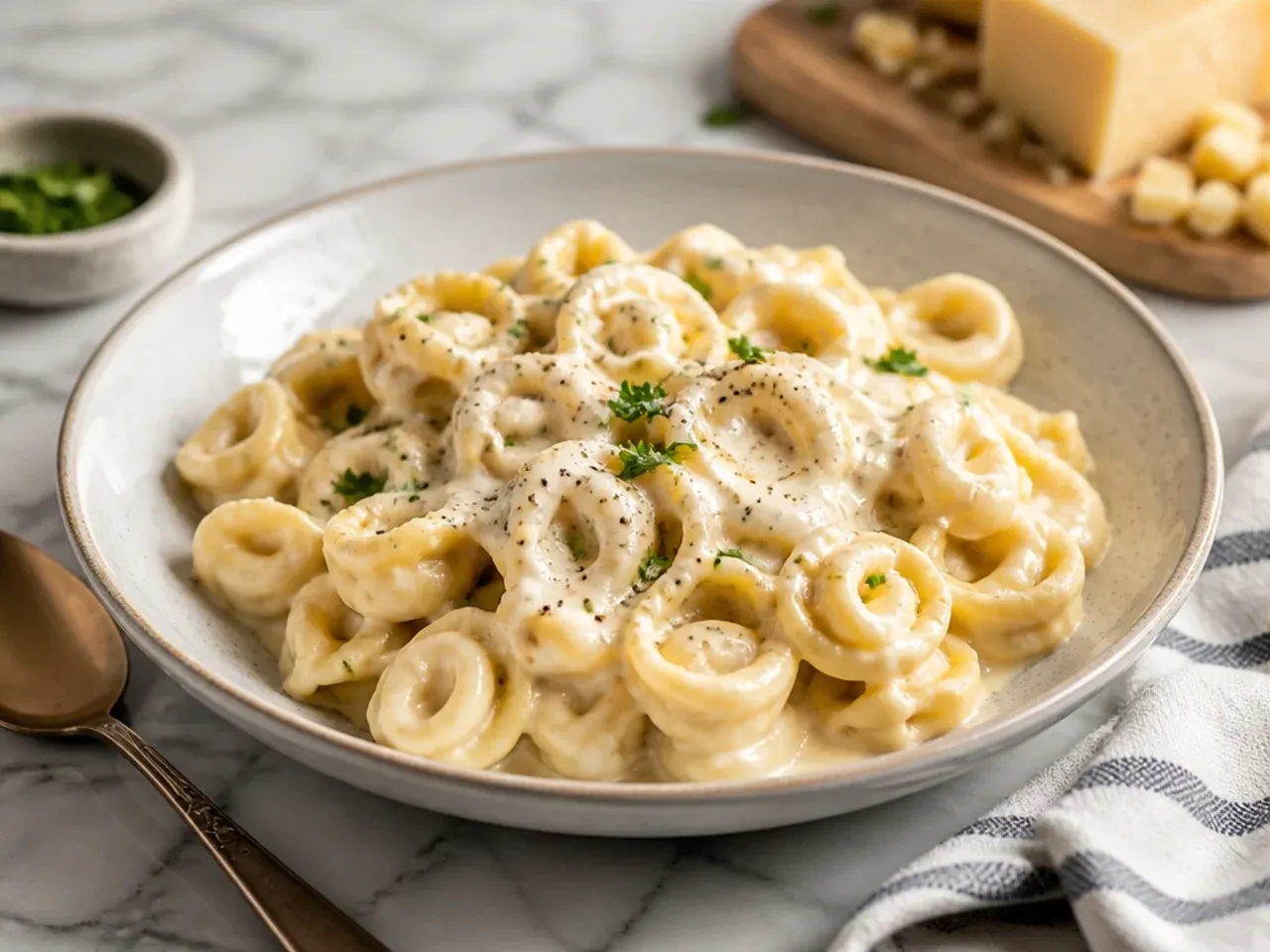Creamy tortellini Alfredo in a white bowl topped with cracked black pepper and Parmesan