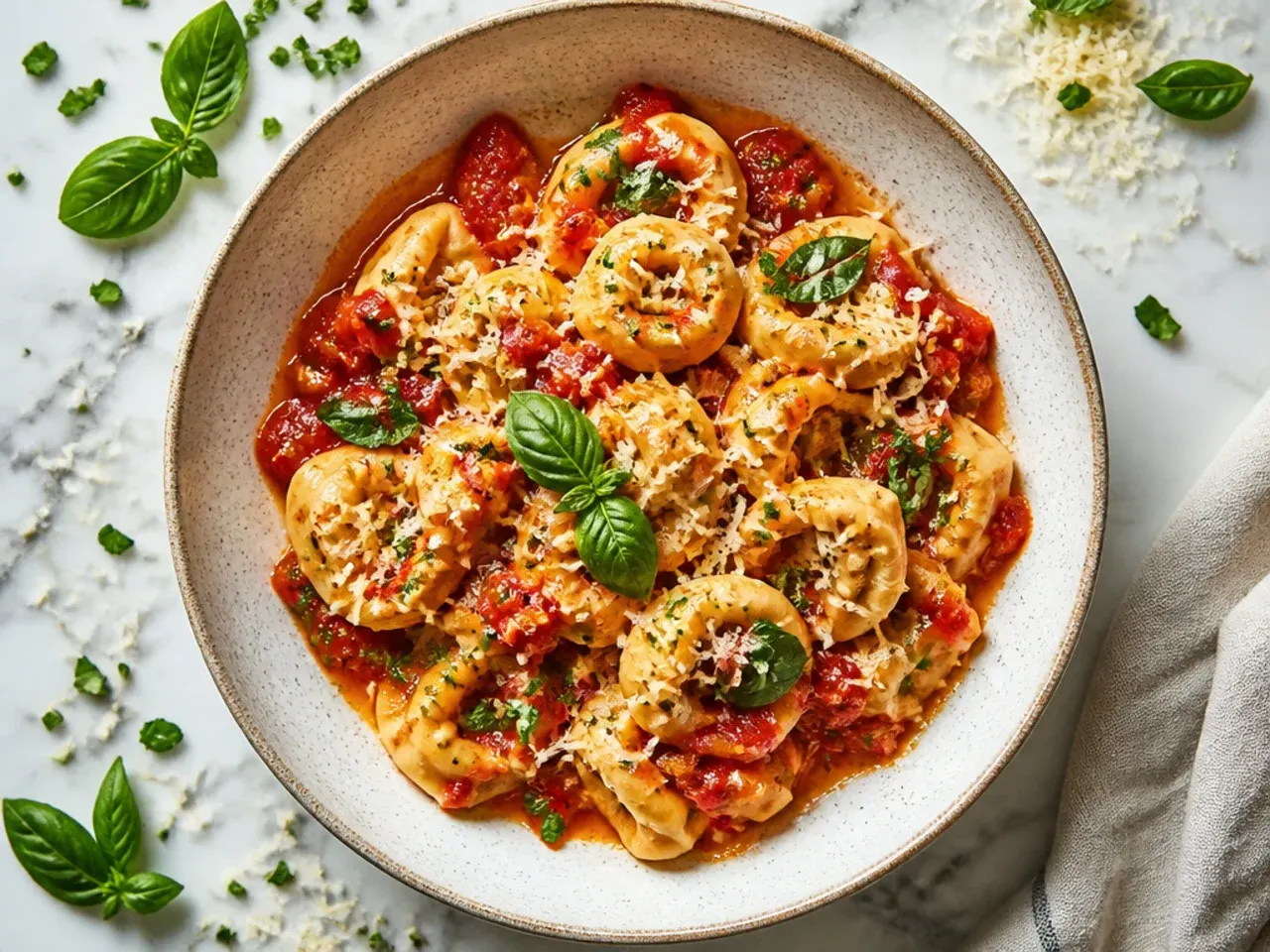 Budget-friendly tomato basil tortellini in a pan with fresh basil leaves scattered on top