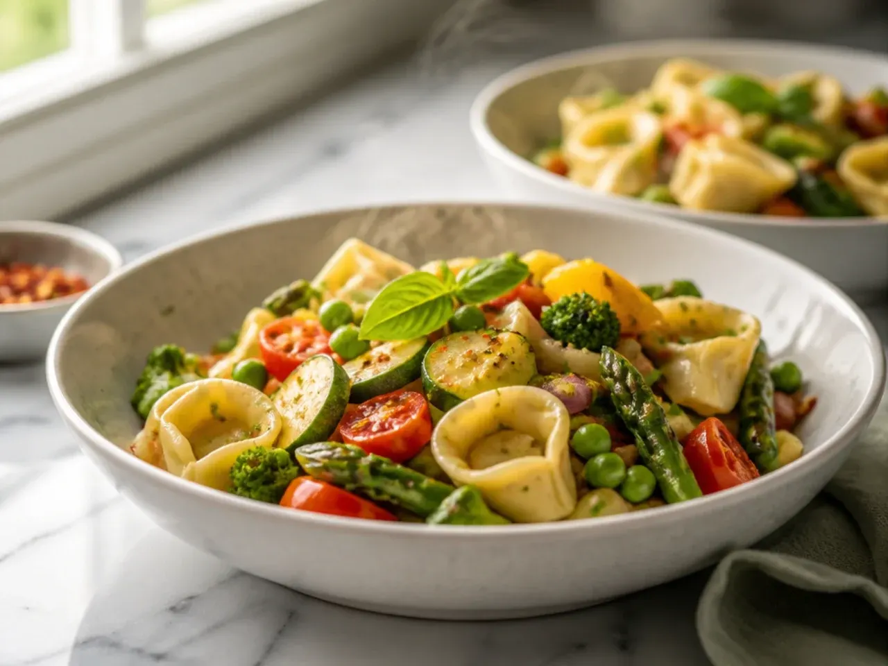Colourful tortellini primavera with courgette, bell pepper, and cherry tomatoes