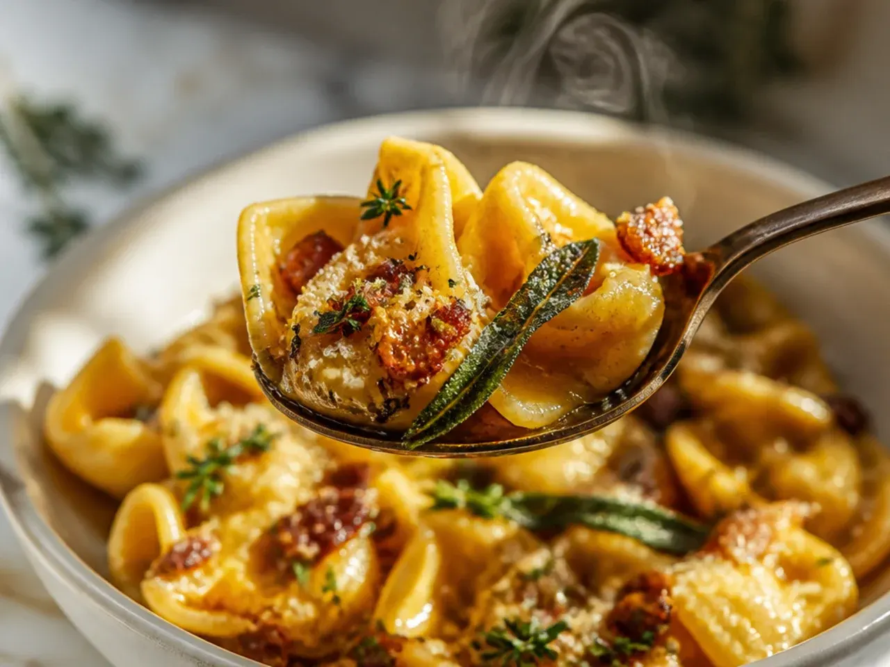 Rustic tortellini tossed in brown butter with crispy sage leaves