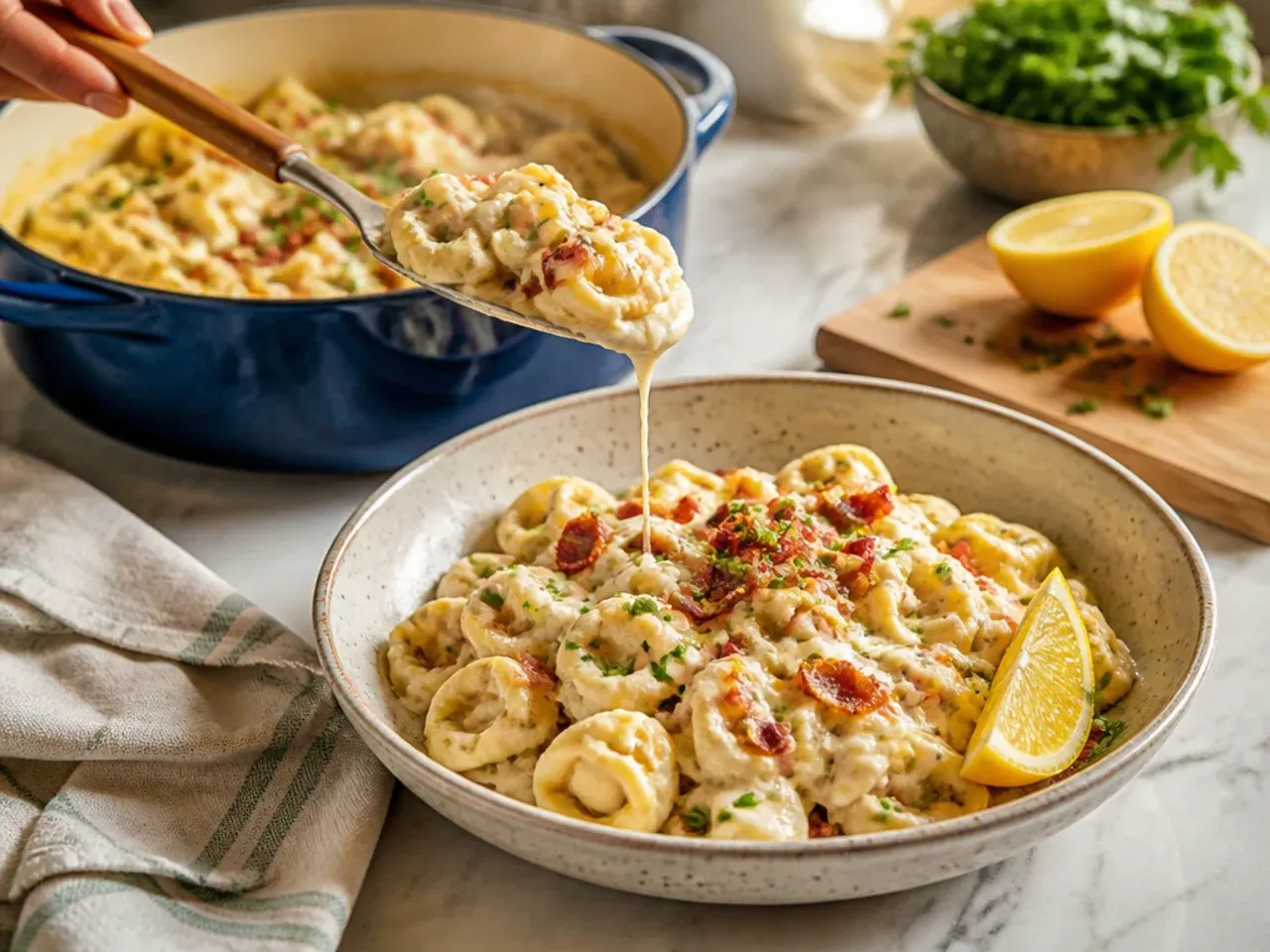 Loaded tortellini bake topped with crispy bacon bits and melted cheddar