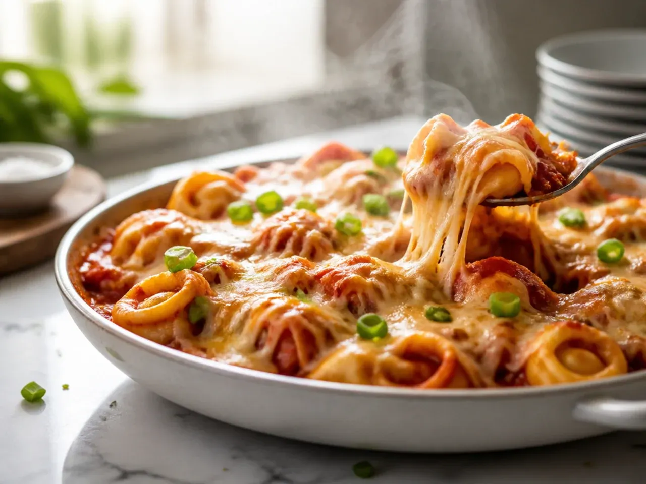 Large family-style tortellini bake in a roasting dish, sliced and ready to serve