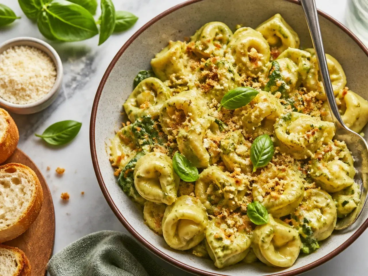 Creamy pesto tortellini topped with toasted pine nuts and Parmesan shavings