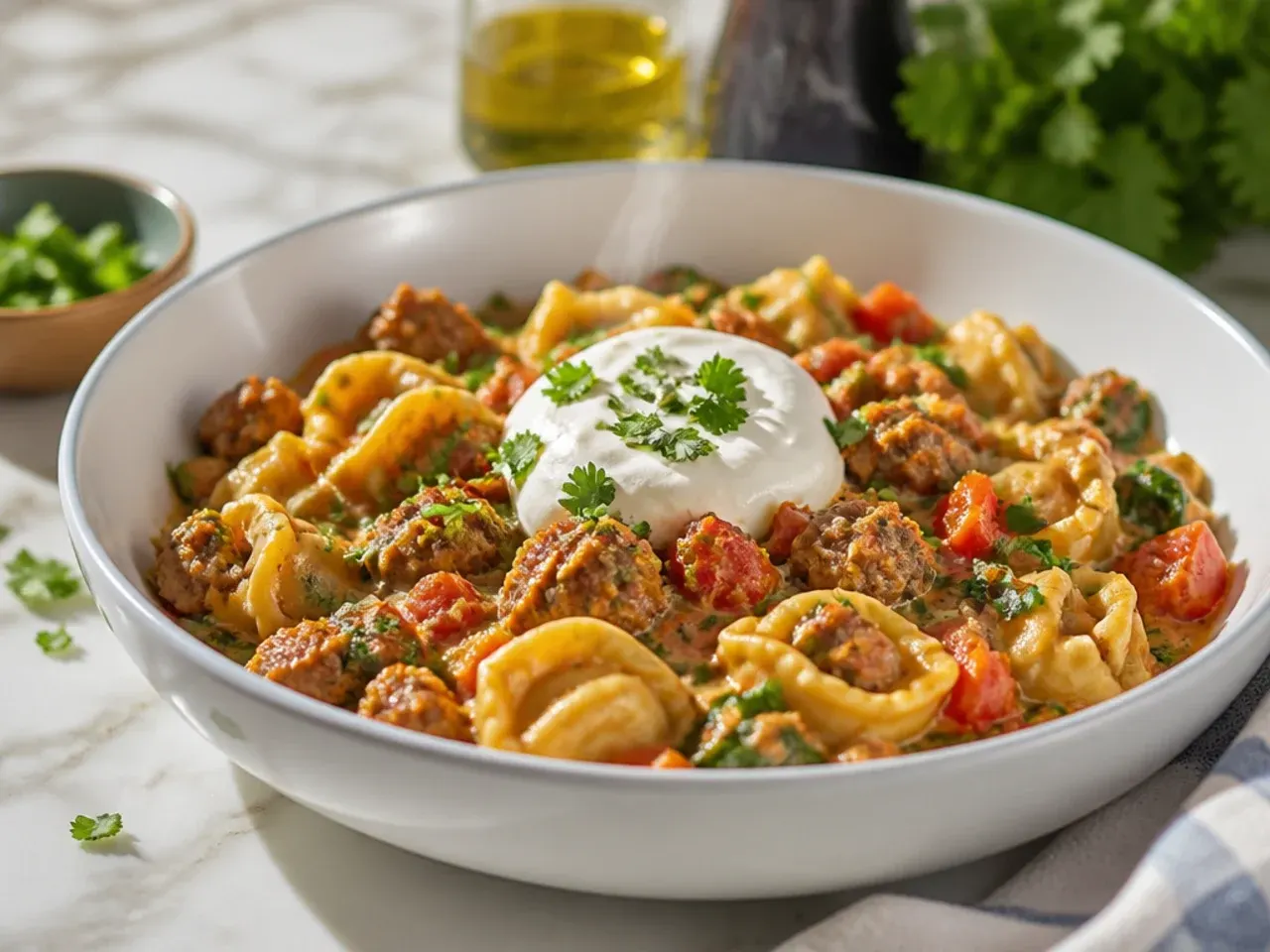 One-pot tortellini and sausage skillet with a thick tomato sauce clinging to the pasta