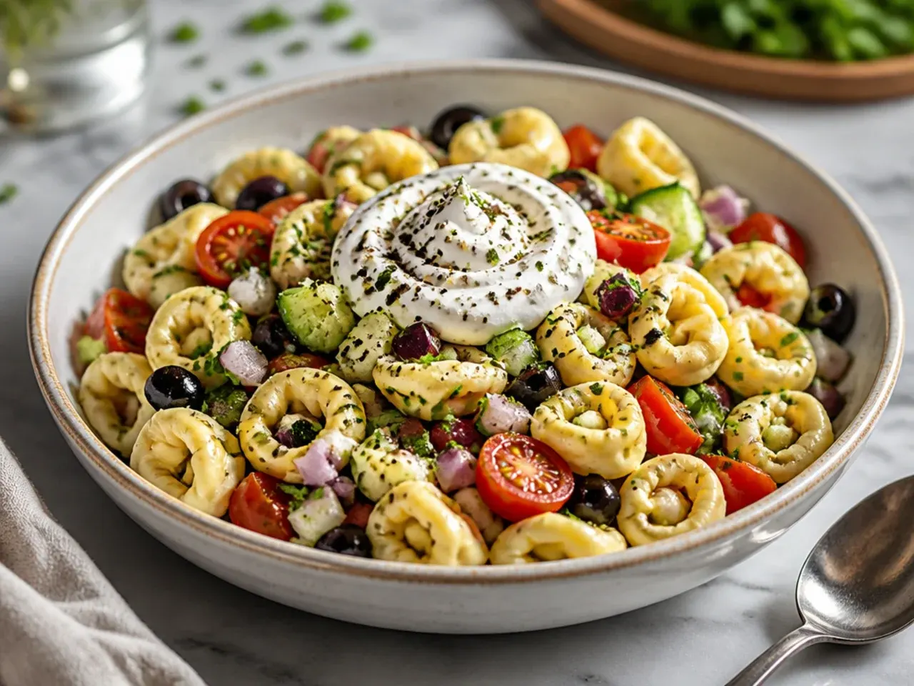Cold tortellini pasta salad with cherry tomatoes, cucumber, and black olives in a serving bowl