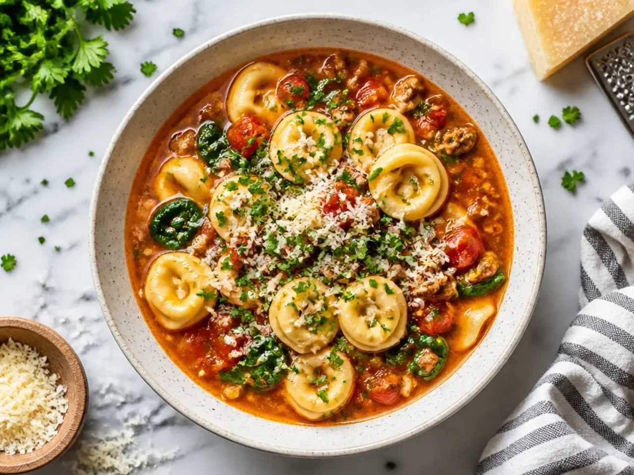 Slow cooker filled with tortellini soup, lid resting beside it, steam visible