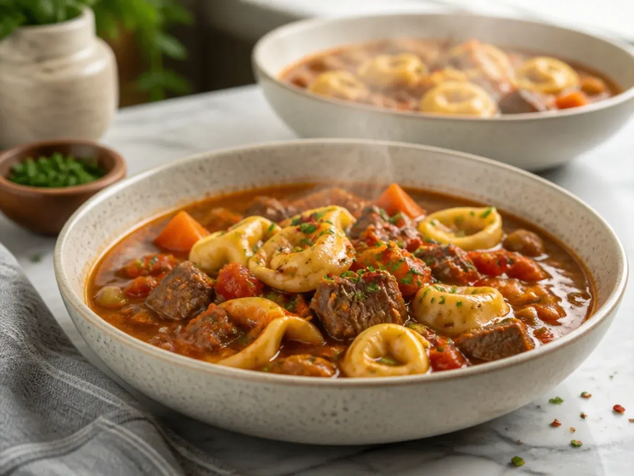 Hearty beef and tortellini stew in a Dutch oven with potatoes and carrots