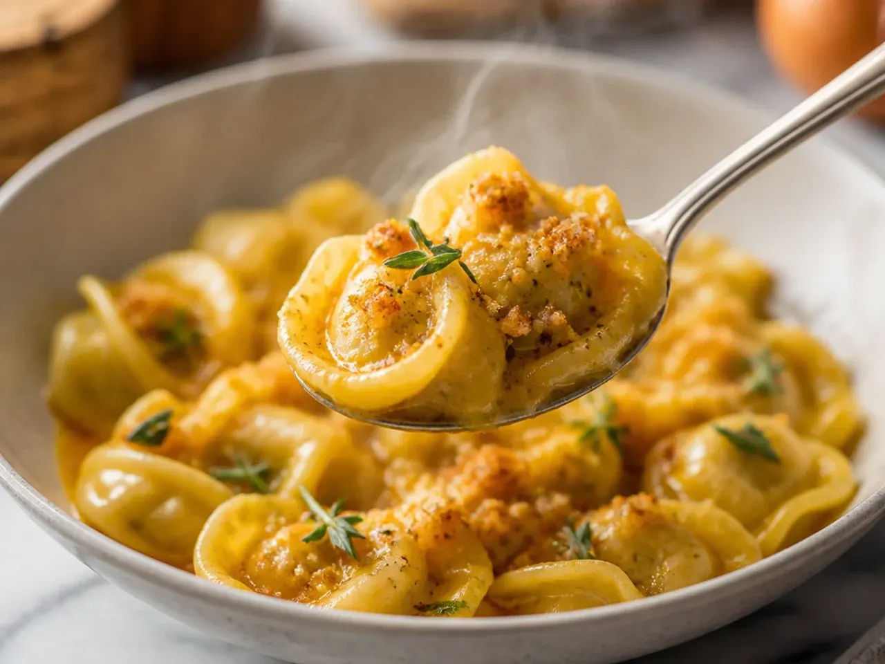 Butternut squash tortellini with roasted cubes and crispy sage on a plate