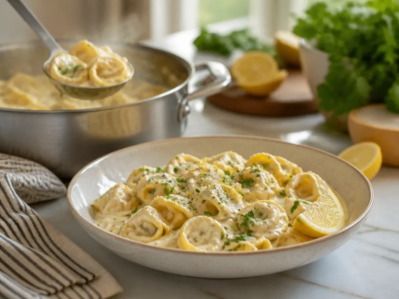 Creamy lemon ricotta tortellini garnished with parsley and lemon zest