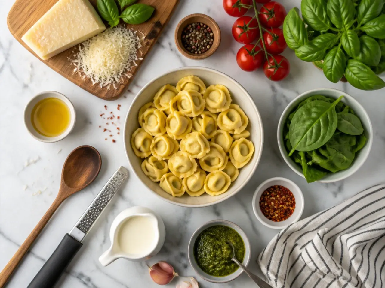 Close-up of tortellini floating in boiling salted water in a large pot